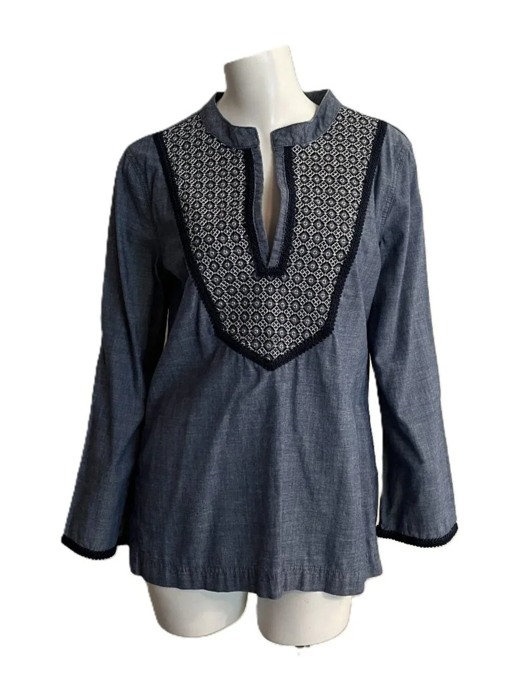 Tory Burch Tunic Blouse Top Sz 8 Med Embroidered Blue Chambray Geometric Cotton